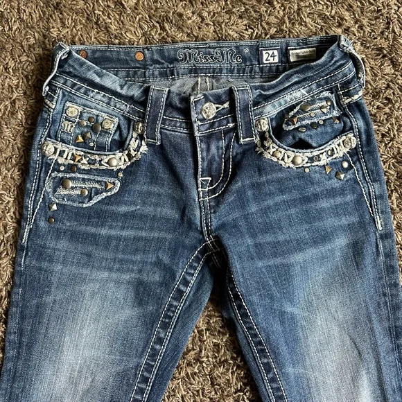 Miss Me Dark Blue Boot Cut Jeans with Silver Details - Picture 1 of 7